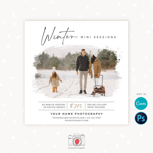 Winter Mini Session Template, Canva, Winter mini sessions, Winter photography template, Winter minis promotion, Winter marketing board