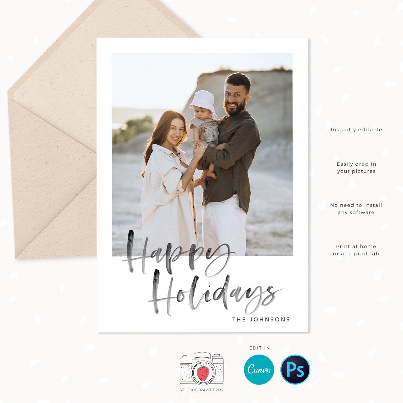 Christmas photo card template "Merry Christmas" & "Happy Holidays", Minimalist Christmas card template, Christmas card Lettering, Canva