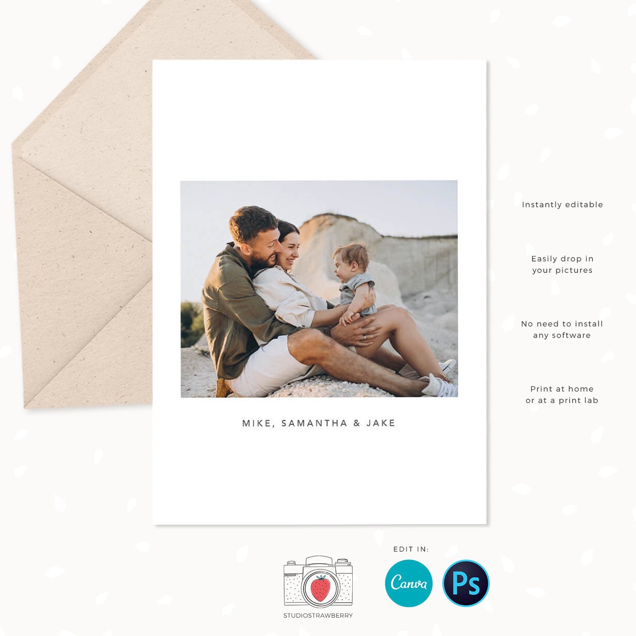 Christmas photo card template "Merry Christmas" & "Happy Holidays", Minimalist Christmas card template, Christmas card Lettering, Canva