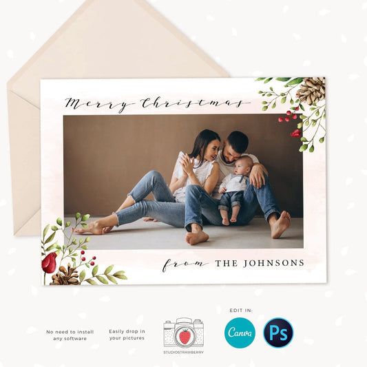 Christmas card template, Canva, Christmas photo card template, Happy holidays card template, Christmas photo cards printable, Watercolor