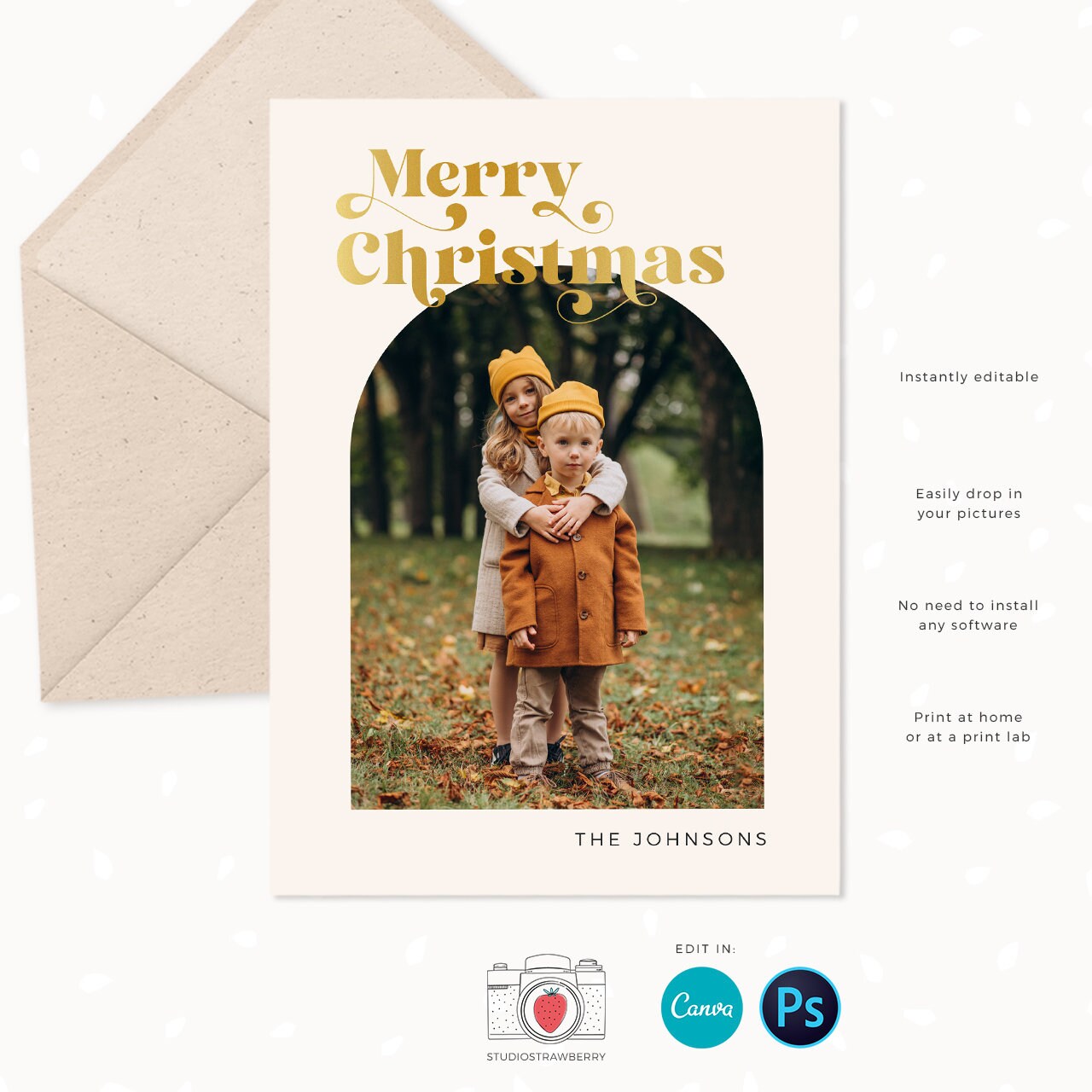 Christmas photo card template, Modern Christmas Card with Photo, Canva, Photo Holiday card, Christmas card with photo template, Arch