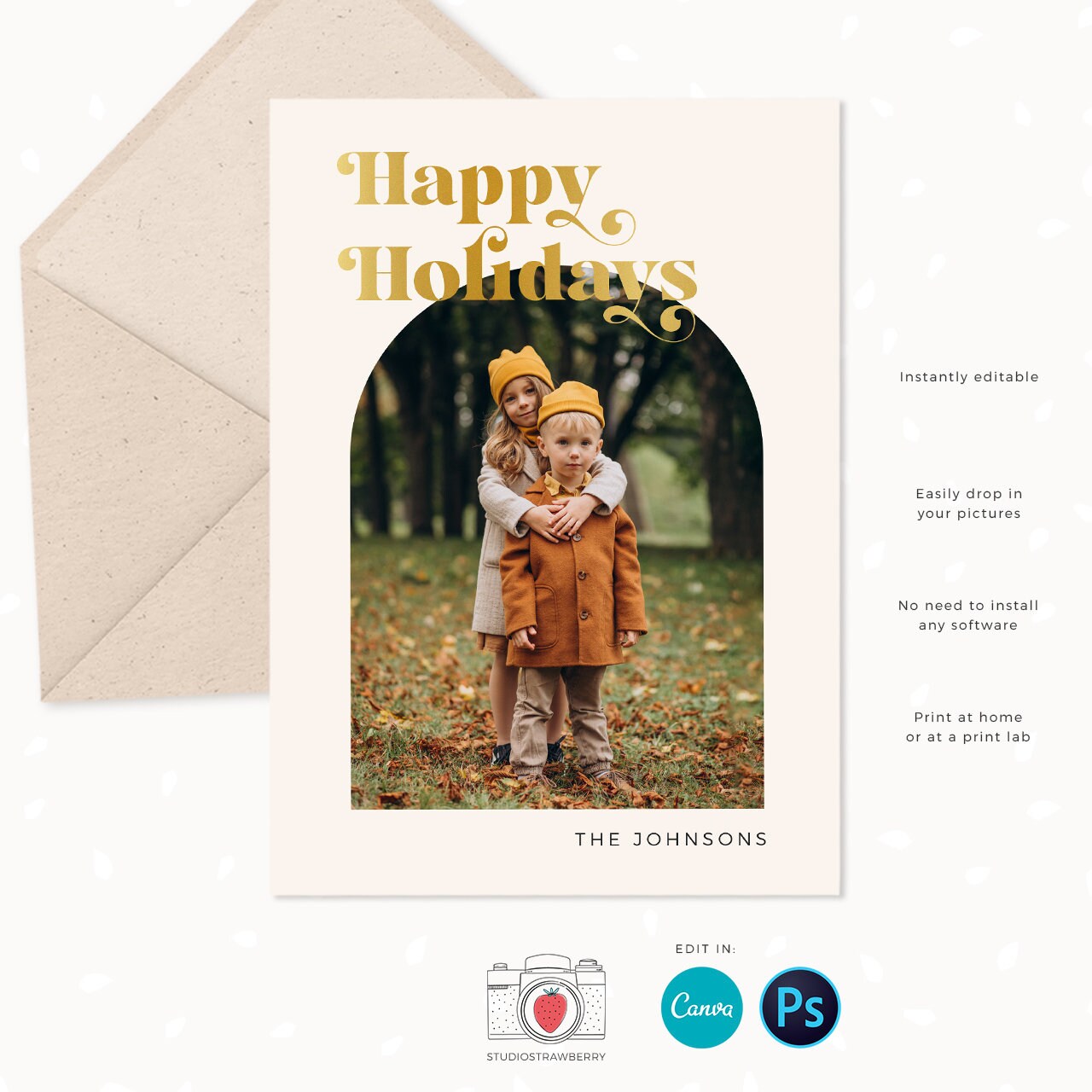 Christmas photo card template, Modern Christmas Card with Photo, Canva, Photo Holiday card, Christmas card with photo template, Arch