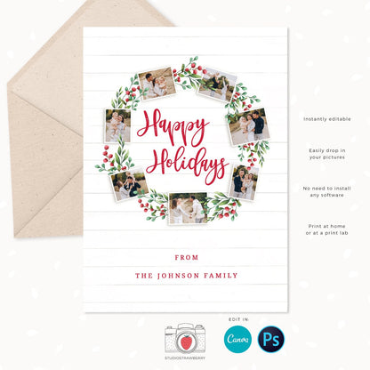 Christmas card template "Christmas Wreath", Canva, Christmas photo card template, Christmas photo collage, Holiday card photo collage, Xmas