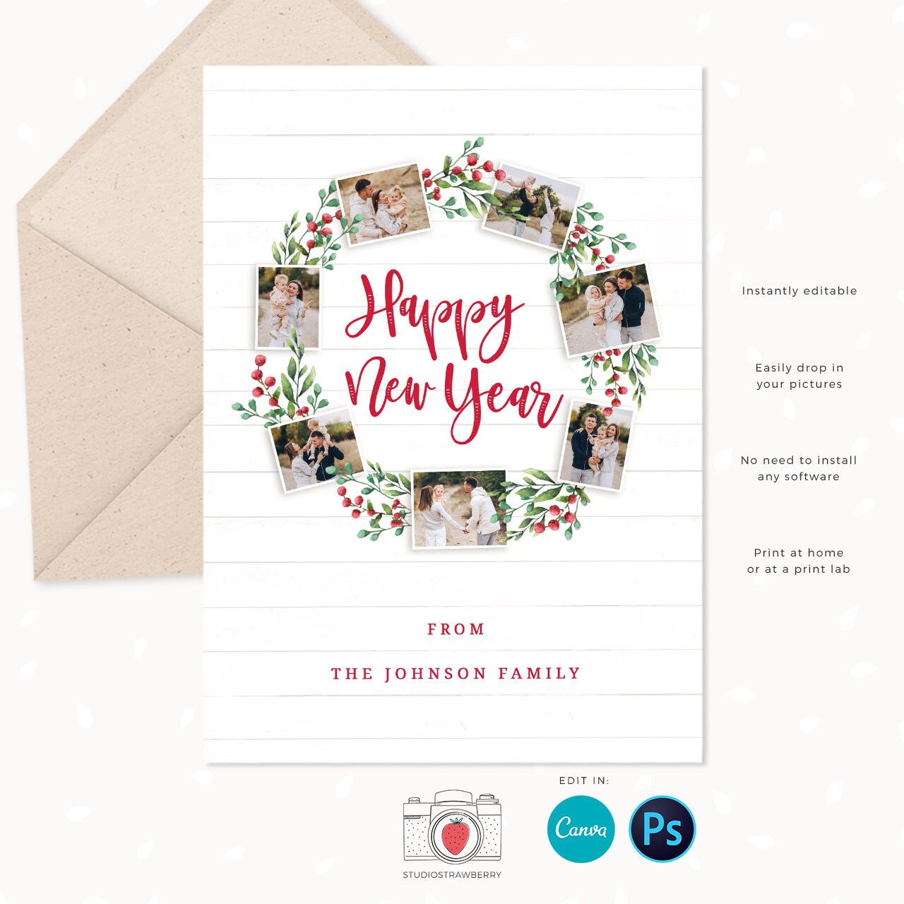 Christmas card template "Christmas Wreath", Canva, Christmas photo card template, Christmas photo collage, Holiday card photo collage, Xmas