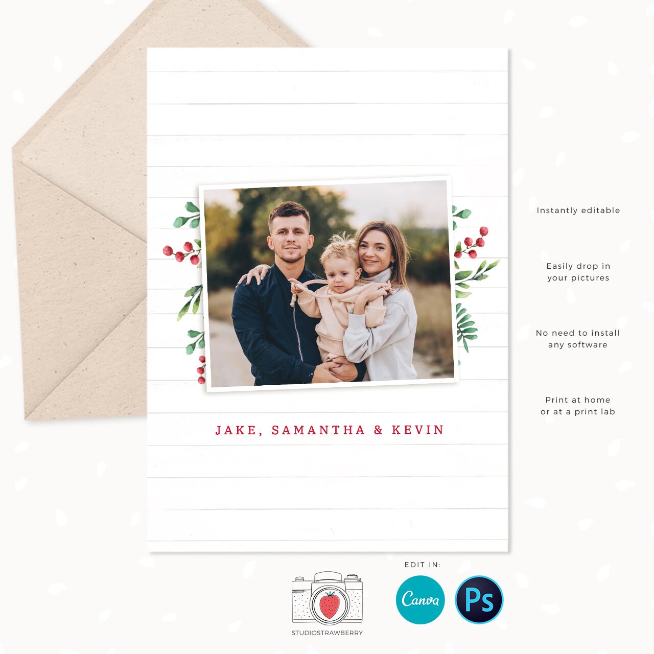 Christmas card template "Christmas Wreath", Canva, Christmas photo card template, Christmas photo collage, Holiday card photo collage, Xmas