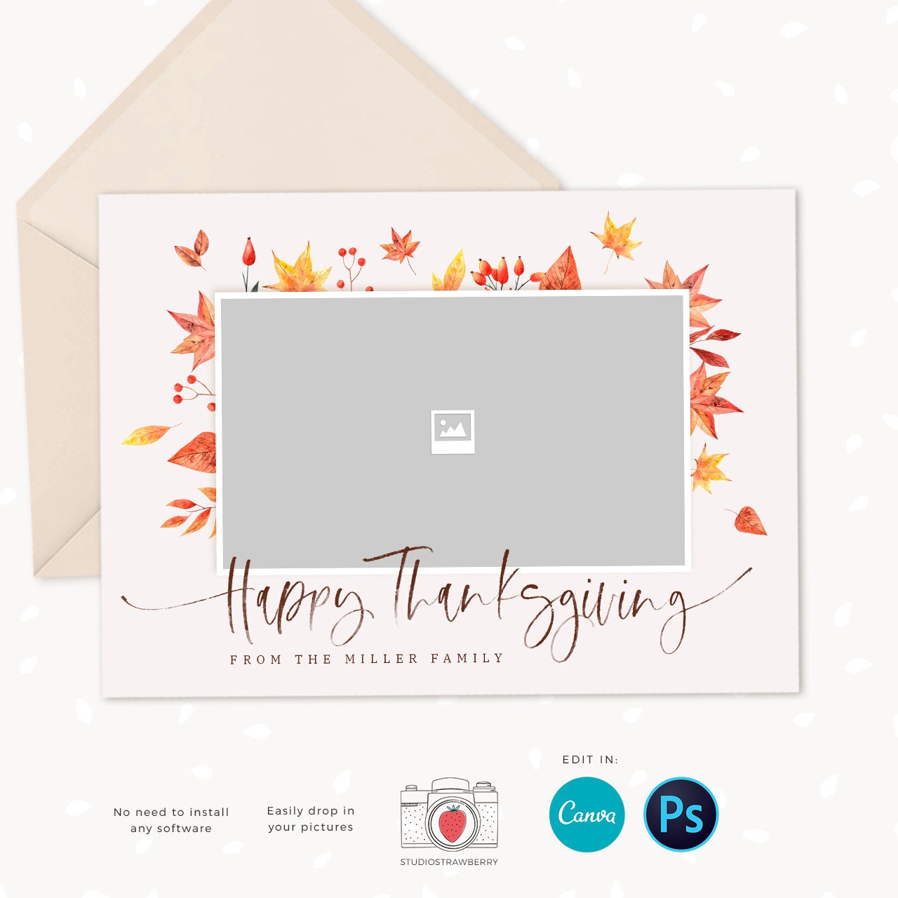 Thanksgiving card template, Editable thanksgiving card, Canva, Thanksgiving photo card template, Thanksgiving card canva template, Editable