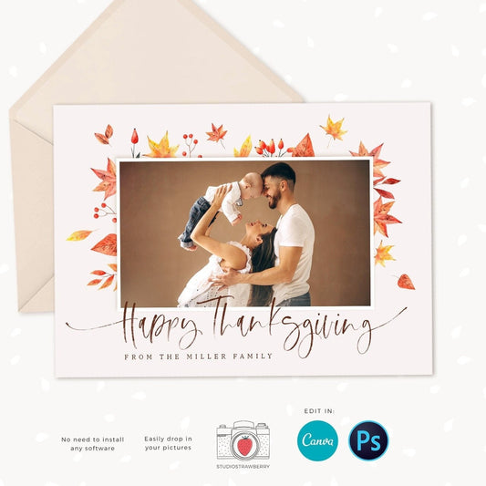 Thanksgiving card template, Editable thanksgiving card, Canva, Thanksgiving photo card template, Thanksgiving card canva template, Editable