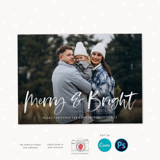 Christmas photo card template, Modern Christmas Card with Photo, Canva, Photo Holiday card, Christmas card with photo template, Merry Bright
