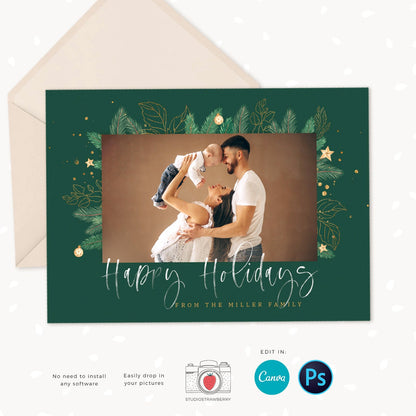 Christmas card template, Canva, Christmas photo card template, Happy holidays card template, Christmas photo cards printable, Green leaves