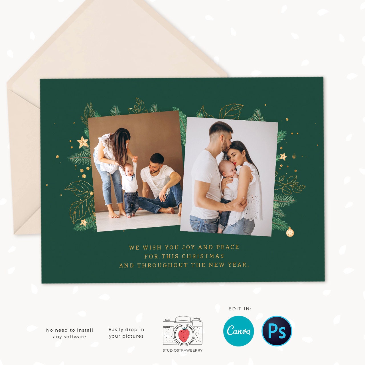 Christmas card template, Canva, Christmas photo card template, Happy holidays card template, Christmas photo cards printable, Green leaves