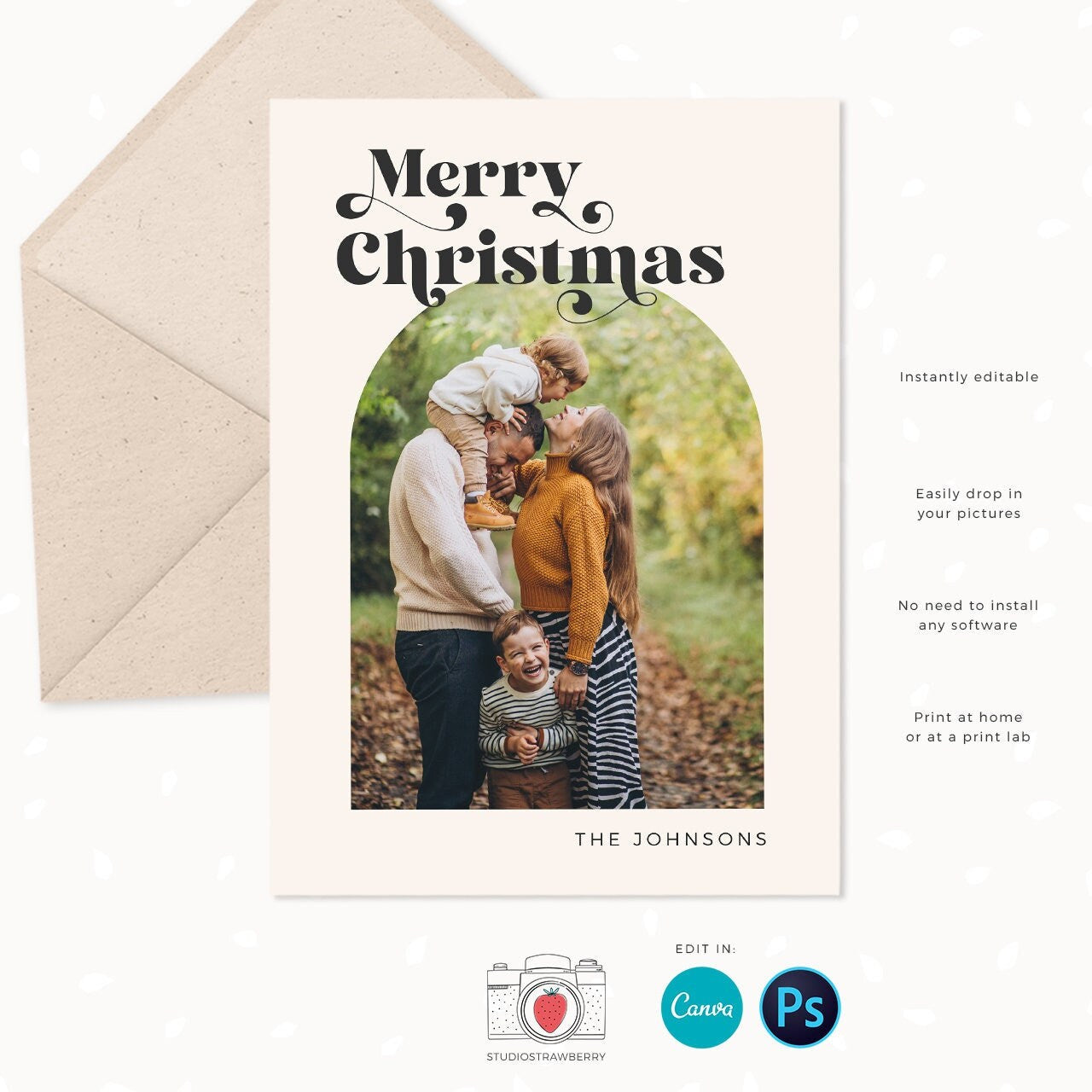 Christmas photo card template, Modern Christmas Card with Photo, Canva, Photo Holiday card, Christmas card with photo template, Arch