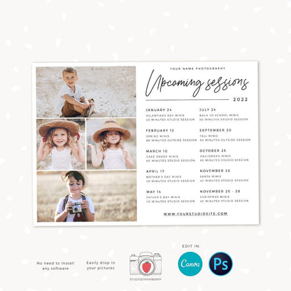Upcoming sessions photography template, mini sessions calendar card, photography marketing board, session dates overview, sessions schedule