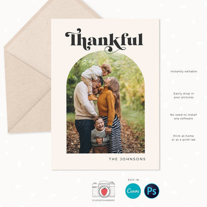 Thanksgiving card template, Editable thanksgiving card, Canva, Thanksgiving photo card template, Thanksgiving card canva template, Thankful