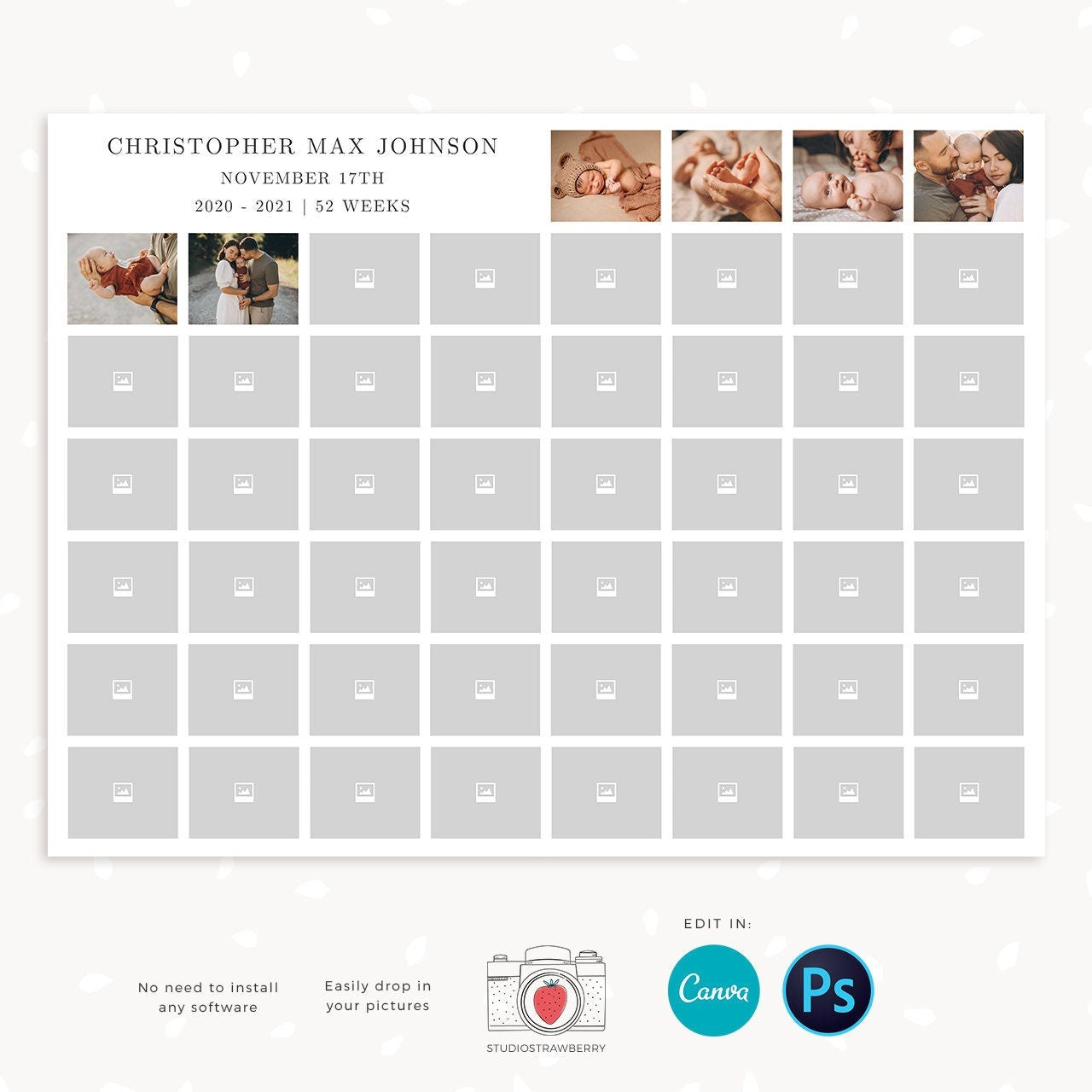 52 weeks project Photo Collage Canva, Photo collage template, Photoshop, Storyboard template, Baby year overview photos, Year in review baby