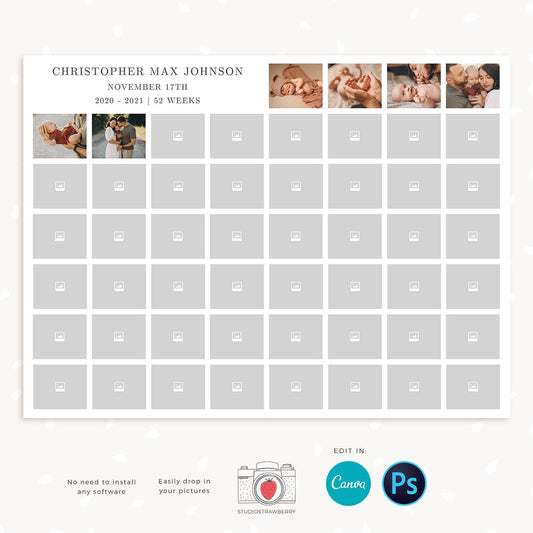 52 weeks project Photo Collage Canva, Photo collage template, Photoshop, Storyboard template, Baby year overview photos, Year in review baby