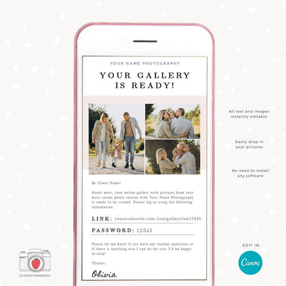 Gallery ready email template for photographers, Gallery email photographers, Canva, Email Newsletter Template, After the photo session email