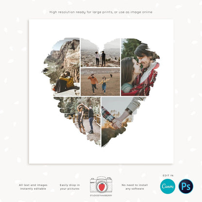 Heart collage template, Instantly editable, Heart photo collage template, Heart shape photo collage, Valentine photo collage, Love collage