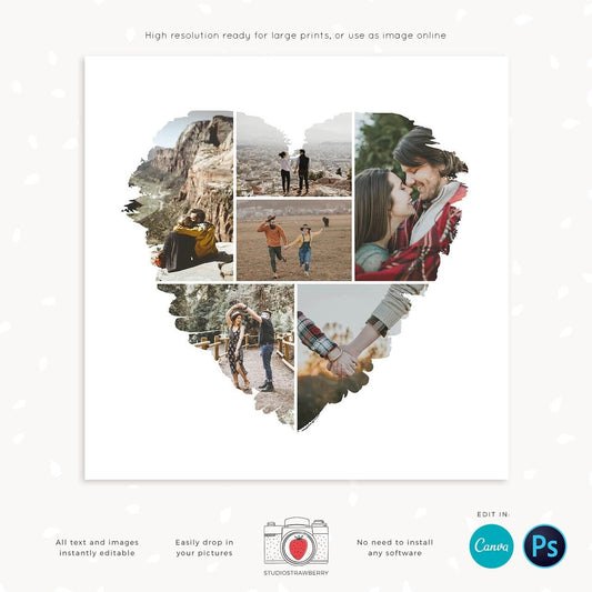 Heart collage template, Instantly editable, Heart photo collage template, Heart shape photo collage, Valentine photo collage, Love collage