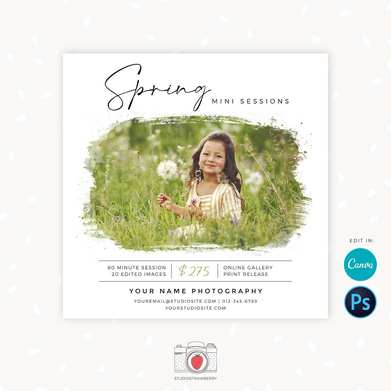 Spring Mini Sessions Template, Canva, Photoshop, Spring mini session template, Spring minis, Spring photo sessions, Ink & Brush strokes