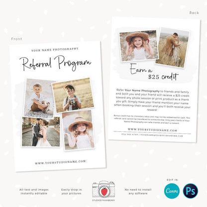 Referral card canva, Referral card template, Referral cards, referral program, tell a friend, word of mouth, referral card for photographers
