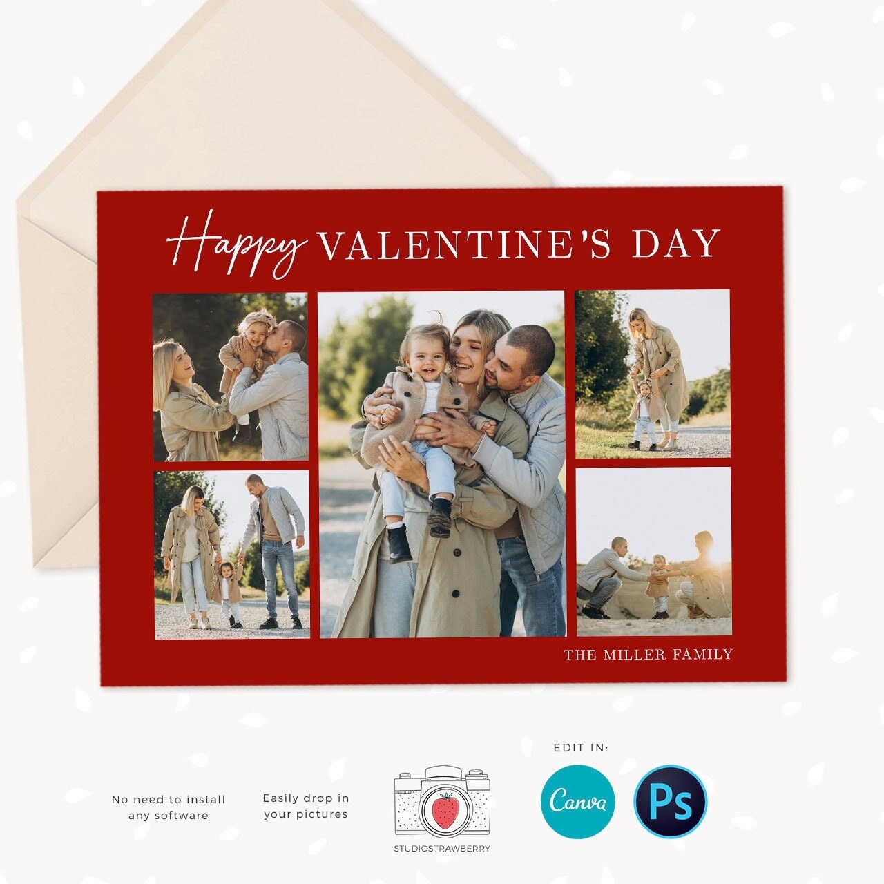 Valentine photo card template, Valentine card printable, Canva, Family Valentine photo card, Valentine cards printable, Valentine collage
