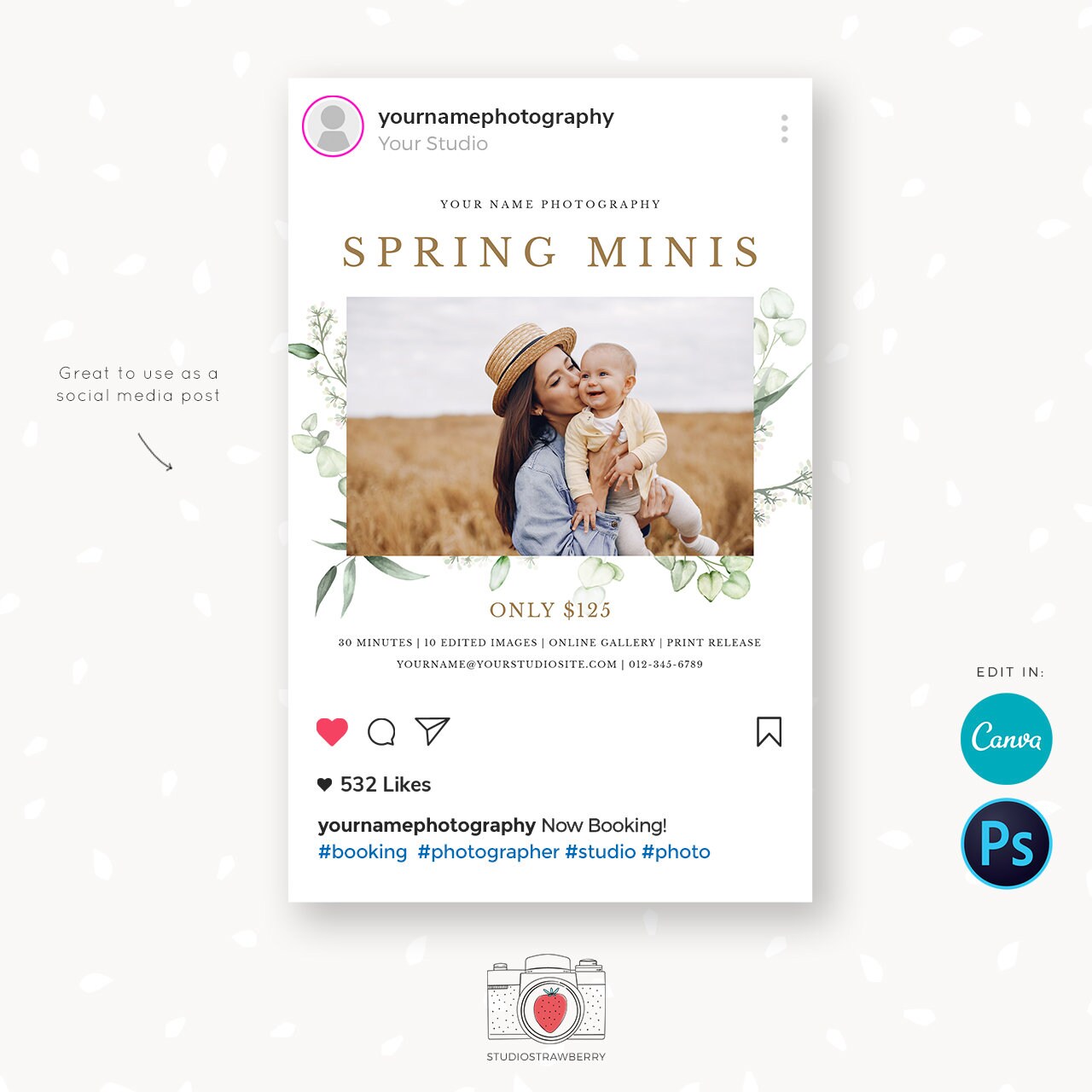 Spring Mini Sessions Template, Canva, Photoshop, Spring mini session template, Spring minis, Spring photo sessions, Spring flowers, Editable
