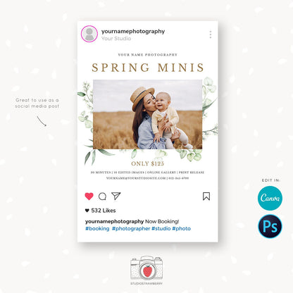 Spring Mini Sessions Template, Canva, Photoshop, Spring mini session template, Spring minis, Spring photo sessions, Spring flowers, Editable