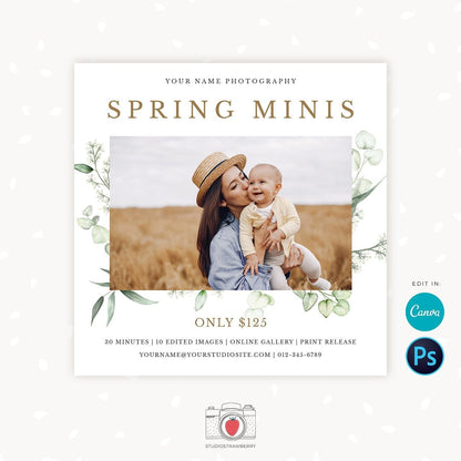 Spring Mini Sessions Template, Canva, Photoshop, Spring mini session template, Spring minis, Spring photo sessions, Spring flowers, Editable