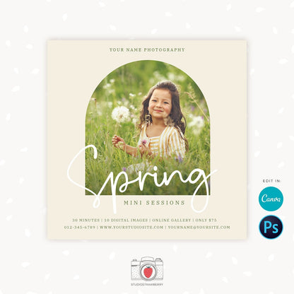Spring Mini Sessions Template, Canva, Photoshop, Spring mini session template, Spring minis, Spring photo sessions, Arch shape window photo