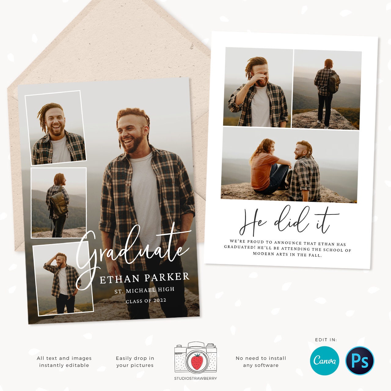 Guy graduation announcement, Graduation announcement boy, Senior Graduation Template, Graduation Announcement, Canva template, Photoshop