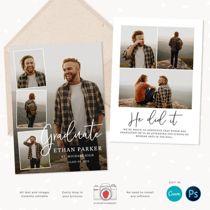 Guy graduation announcement, Graduation announcement boy, Senior Graduation Template, Graduation Announcement, Canva template, Photoshop