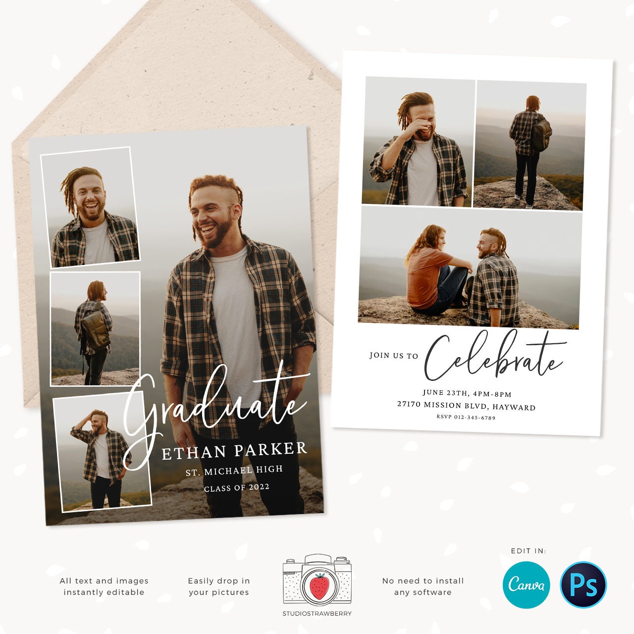 Guy graduation announcement, Graduation announcement boy, Senior Graduation Template, Graduation Announcement, Canva template, Photoshop