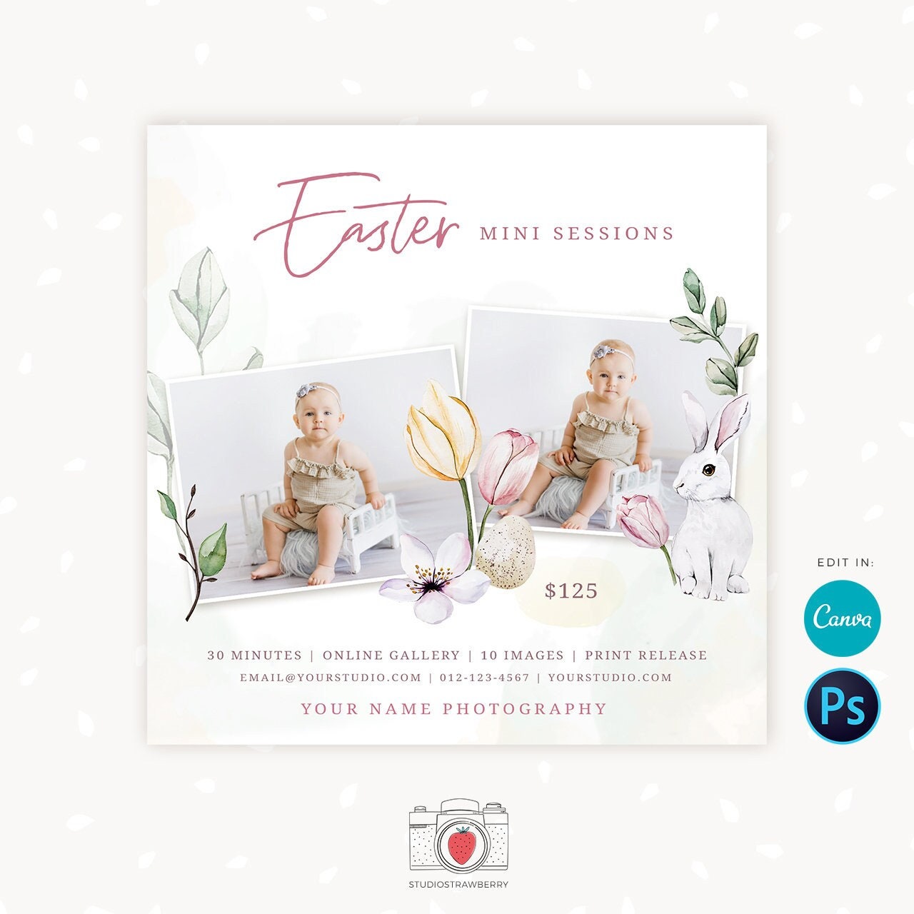 Easter Mini Session Template, Easter Mini Sessions Template, Easter minis marketing board, Easter Photo Sessions, Free Bonus Facebook Covers