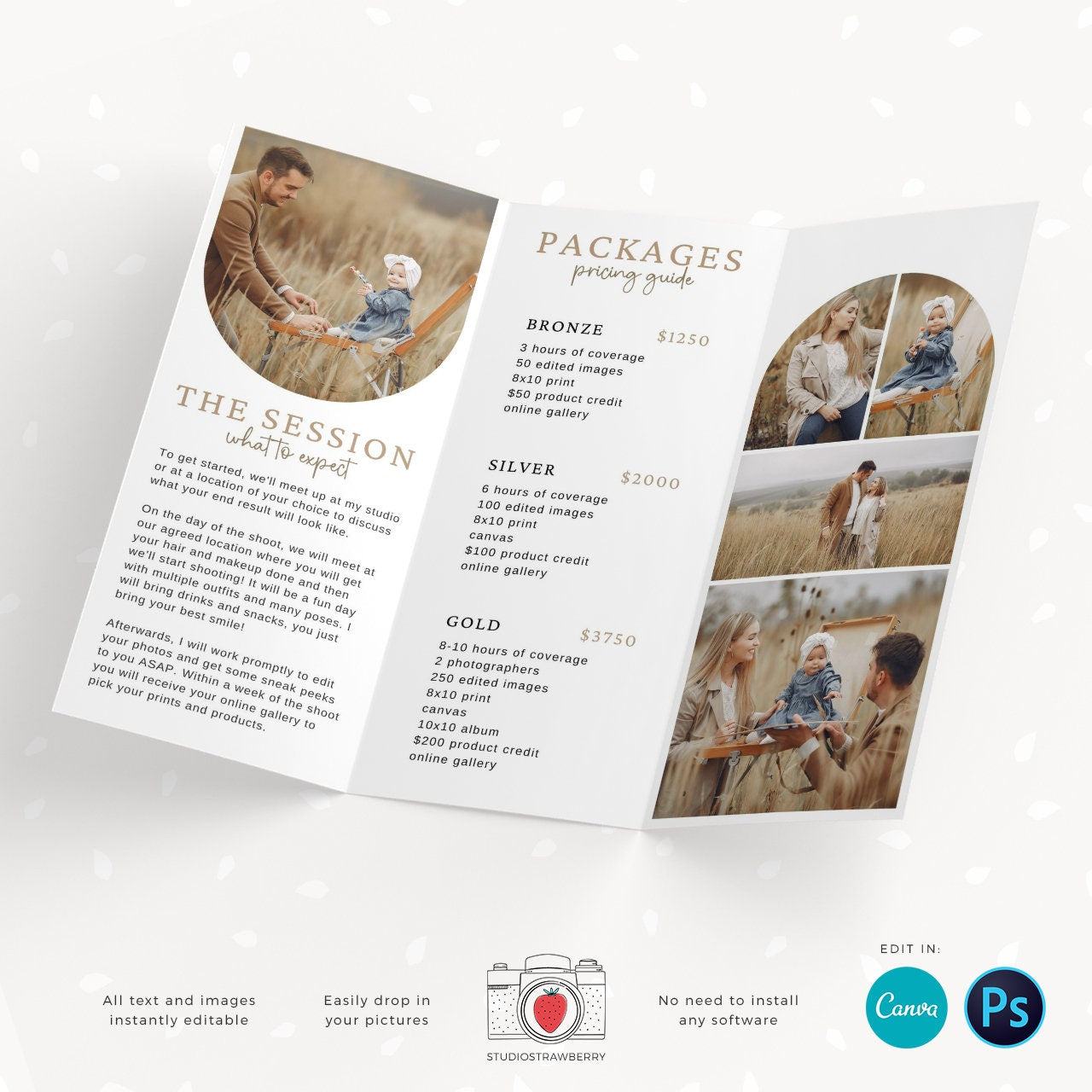 Trifold brochure template for photography, Letter Size unfolded, pamphlet, folded photography flyer, long flyer, photographer brochure