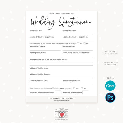 Photography questionnaire template, Wedding photography questionnaire template, Wedding questionnaire, Photography Forms, sign up, C01