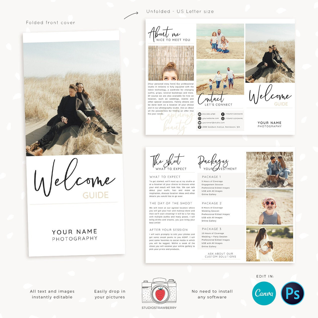 Trifold brochure template for photographers, Letter Size unfolded, pamphlet, folded photography flyer, long flyer, photography brochure