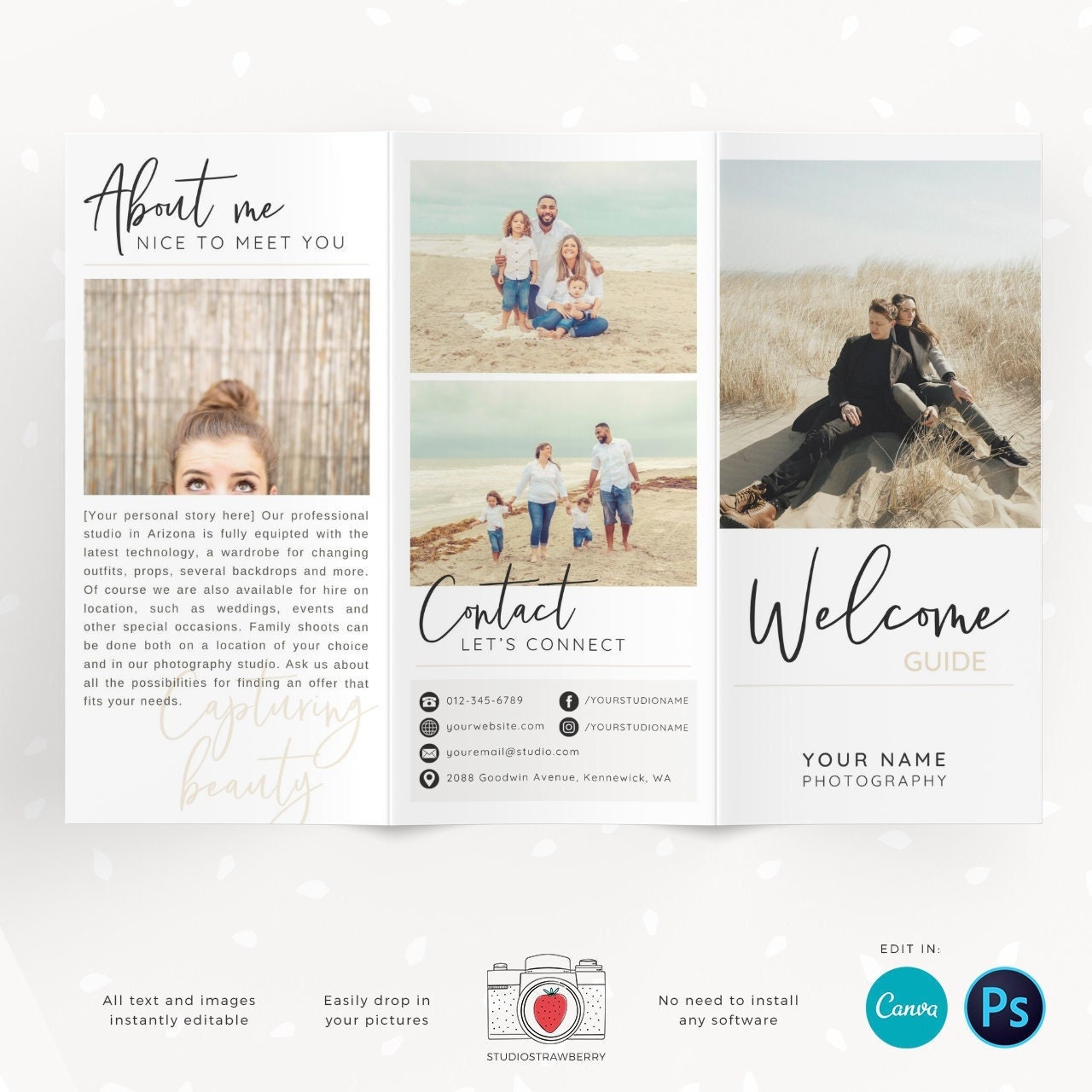 Trifold brochure template for photographers, Letter Size unfolded, pamphlet, folded photography flyer, long flyer, photography brochure