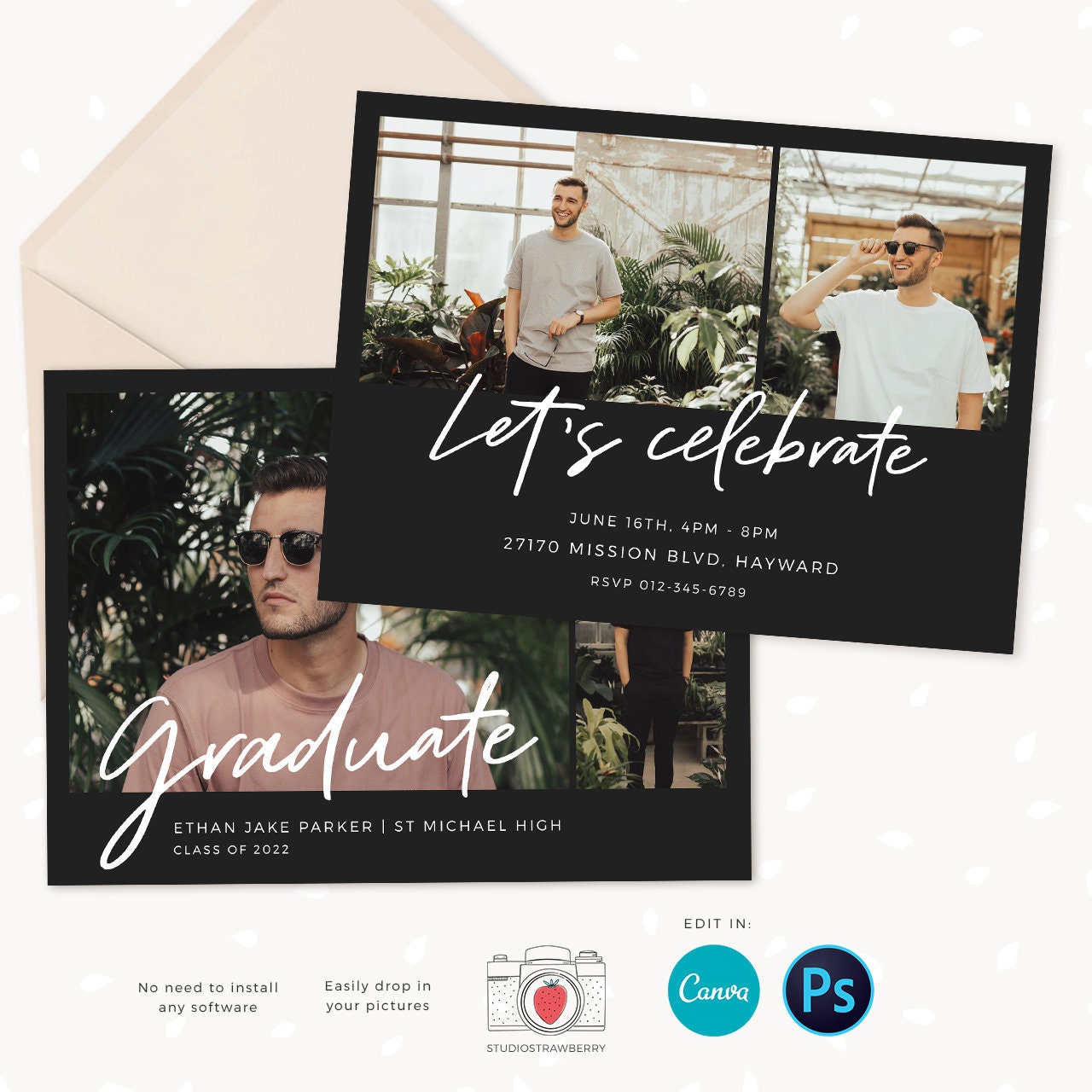 Guy graduation announcement, Graduation announcement boy, Senior Graduation Template, Graduation Announcement, Canva template, Male graduate