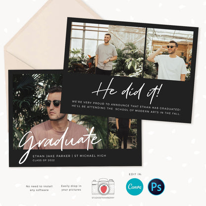 Guy graduation announcement, Graduation announcement boy, Senior Graduation Template, Graduation Announcement, Canva template, Male graduate