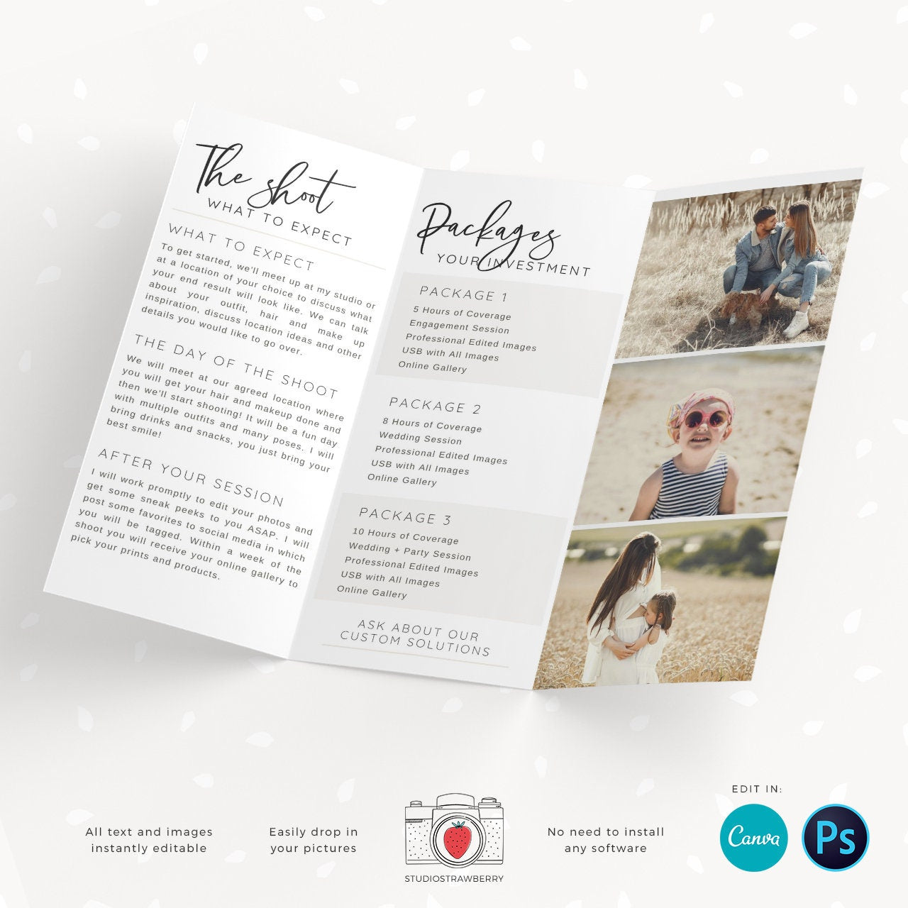 Trifold brochure template for photographers, Letter Size unfolded, pamphlet, folded photography flyer, long flyer, photography brochure