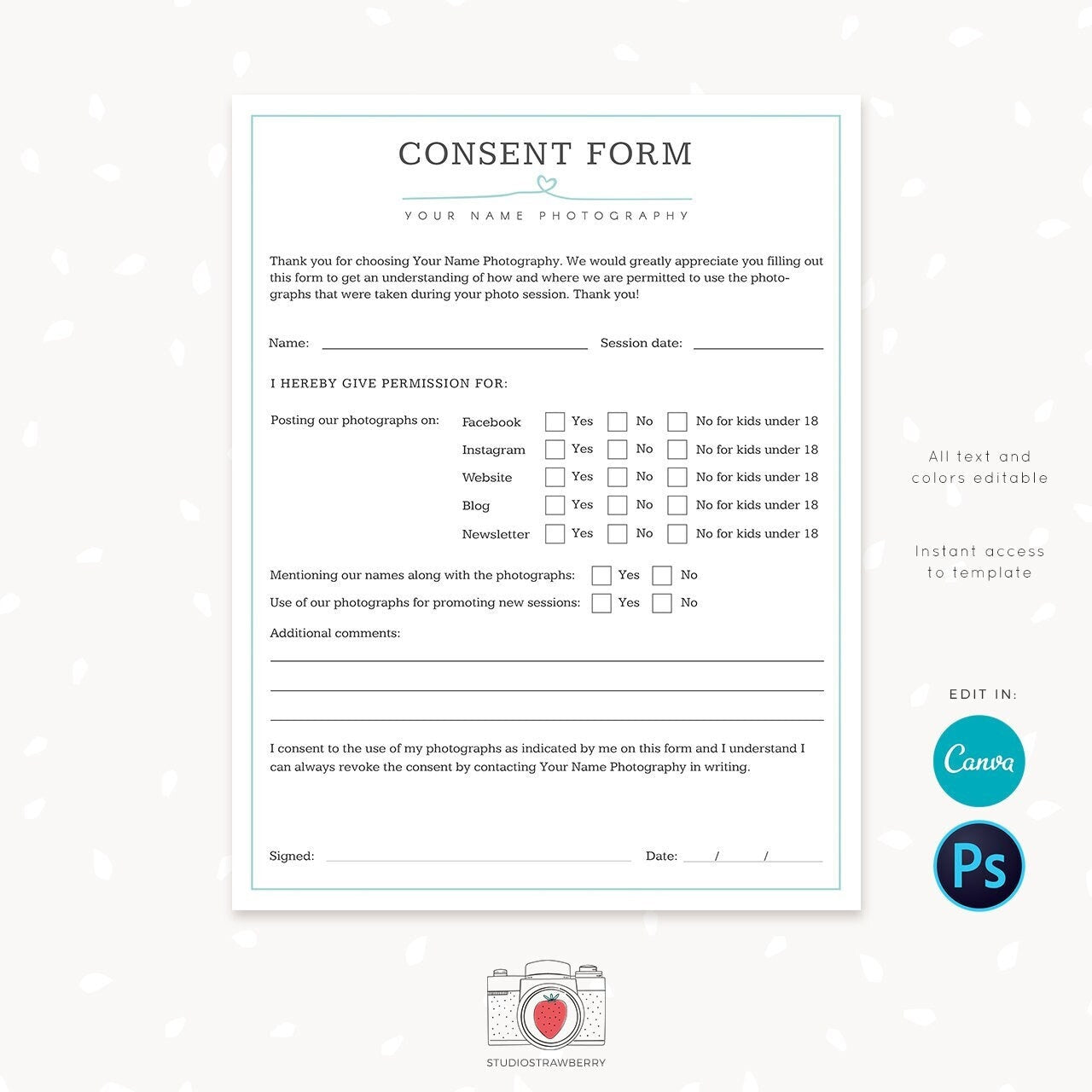 Photography consent form template, Photography permission form template, Social media use, Website use, Publishing permissions client form