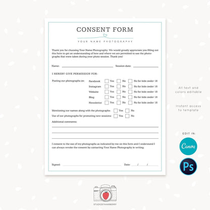 Photography consent form template, Photography permission form template, Social media use, Website use, Publishing permissions client form