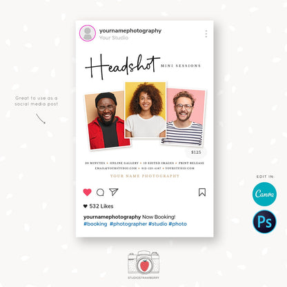 Headshot mini session template, Portrait mini sessions, Portrait Marketing board, Photography marketing templates, headshots sessions
