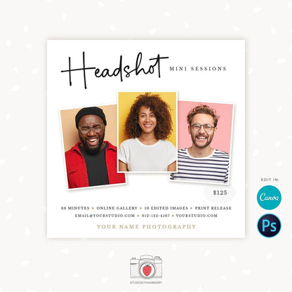Headshot mini session template, Portrait mini sessions, Portrait Marketing board, Photography marketing templates, headshots sessions