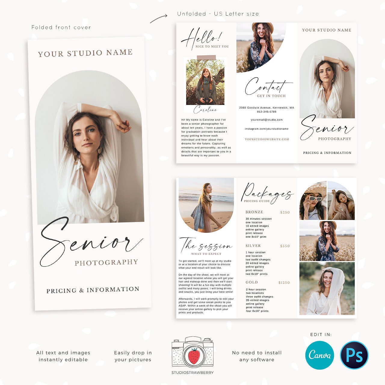Senior photography guide, Trifold brochure template for photography, Letter Size unfolded, folded photography flyer, long flyer, graduation