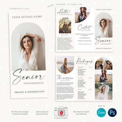 Senior photography guide, Trifold brochure template for photography, Letter Size unfolded, folded photography flyer, long flyer, graduation