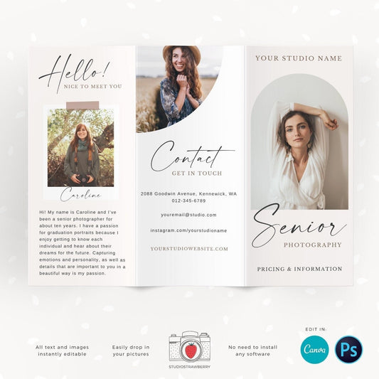 Senior photography guide, Trifold brochure template for photography, Letter Size unfolded, folded photography flyer, long flyer, graduation