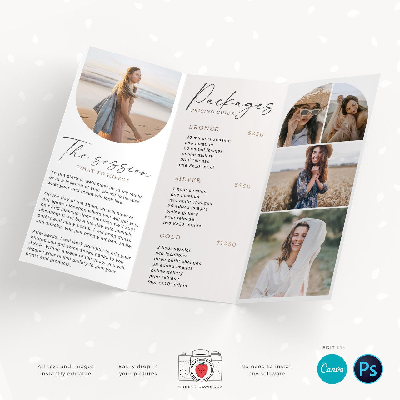 Senior photography guide, Trifold brochure template for photography, Letter Size unfolded, folded photography flyer, long flyer, graduation