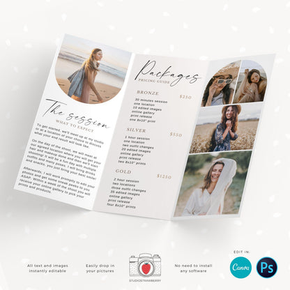 Senior photography guide, Trifold brochure template for photography, Letter Size unfolded, folded photography flyer, long flyer, graduation