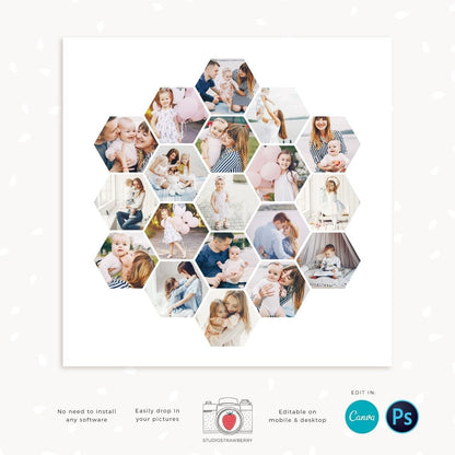Honeycomb collage template, Canva, Honeycomb photo collage template, Hexagon shape photo collage, 12x12, 16x16, 20x20, 24x24" & more